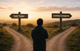 UK tax comparison between sole trader and limited company structures, showing differences in income tax, corporation tax, dividends, and HMRC obligations for UK business owners.