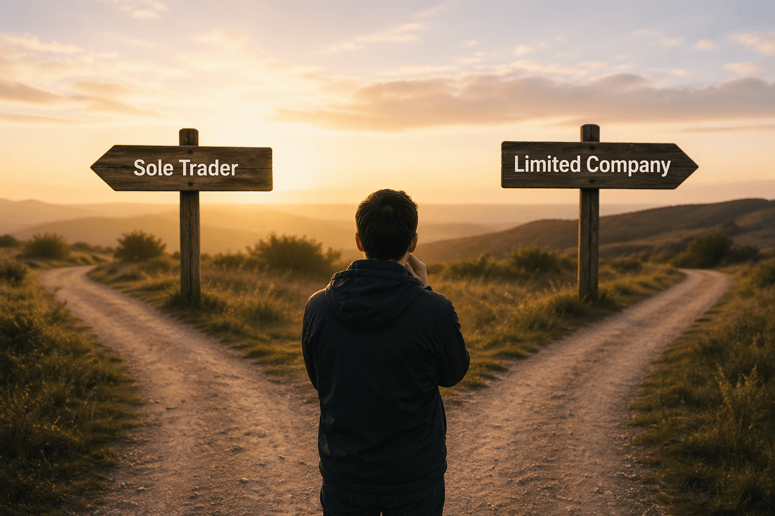 UK tax comparison between sole trader and limited company structures, showing differences in income tax, corporation tax, dividends, and HMRC obligations for UK business owners.