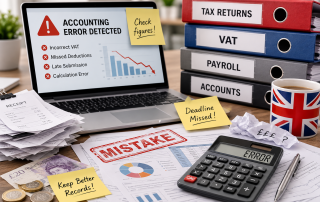 A business owner reviewing financial documents and bookkeeping records to avoid common accounting mistakes.