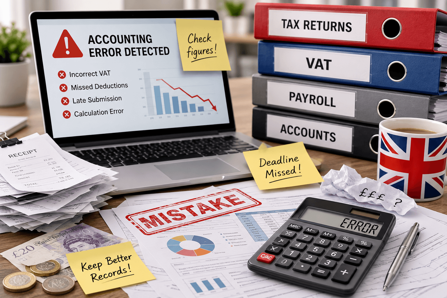 A business owner reviewing financial documents and bookkeeping records to avoid common accounting mistakes.